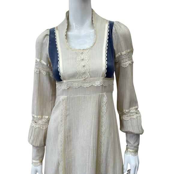 Gunne Sax Style Vintage 1970’s Peasant Dress Blue Velvet Panels Maxi Length XS - Picture 8 of 13